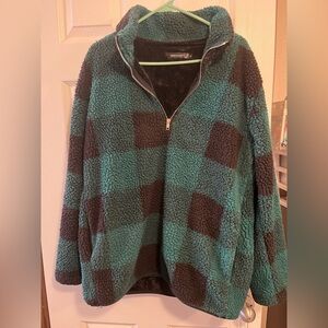 Merokeety Women's Green & Black Plaid Sherpa Fleece Quarter Zip Pullover Size L